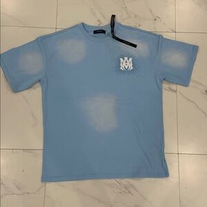 Amiri Palm Rhinestone Logo Washed Blue T-Shirt for Men size Large